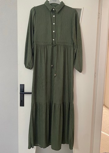 Düğmeli Haki Uzun Keten Elbise - Görsel 9