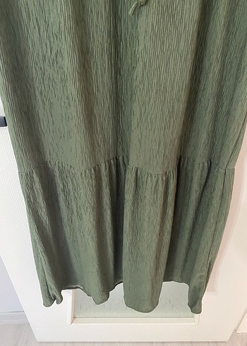 Düğmeli Haki Uzun Keten Elbise - Görsel 7