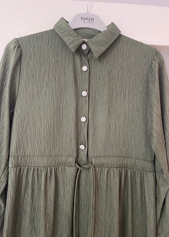 Düğmeli Haki Uzun Keten Elbise - Görsel 5