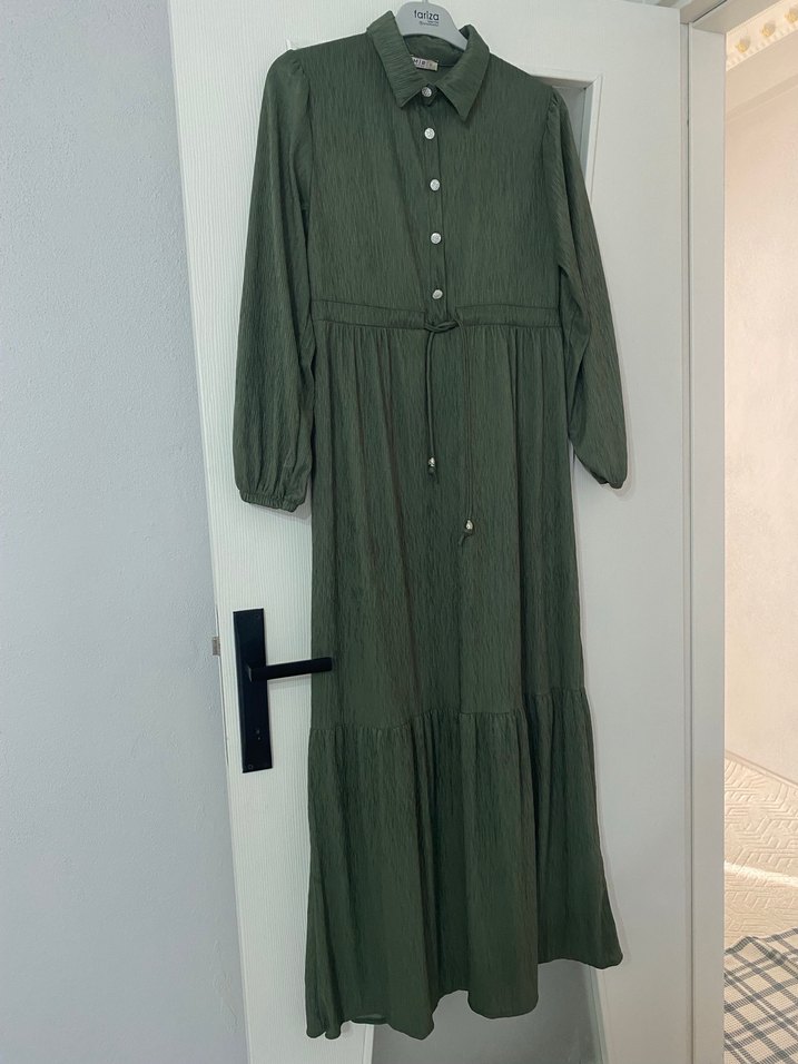 Düğmeli Haki Uzun Keten Elbise - Görsel 3