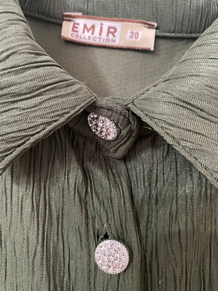 Düğmeli Haki Uzun Keten Elbise - Görsel 4