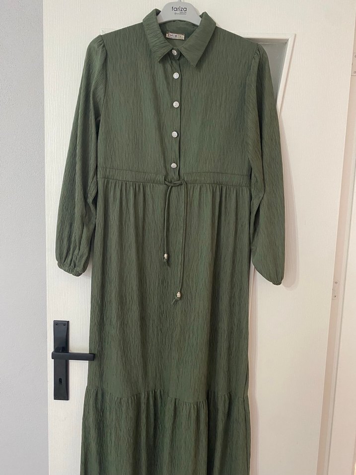 Düğmeli Haki Uzun Keten Elbise - Görsel 2