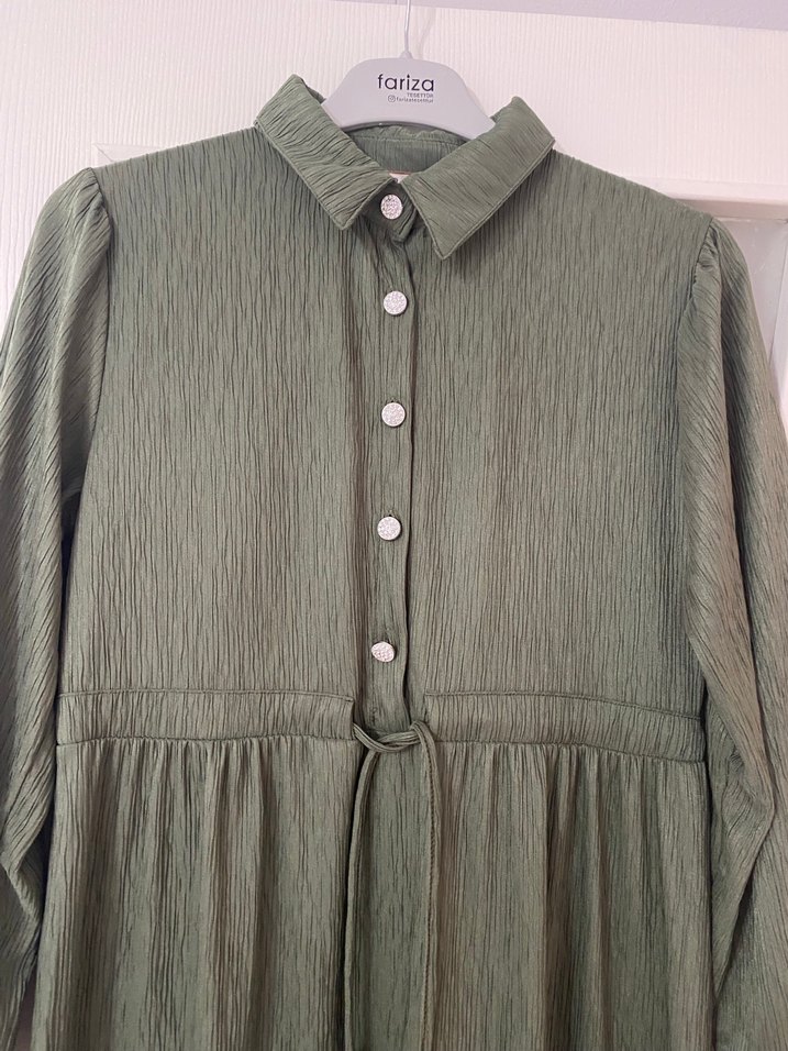 Düğmeli Haki Uzun Keten Elbise - Görsel 5