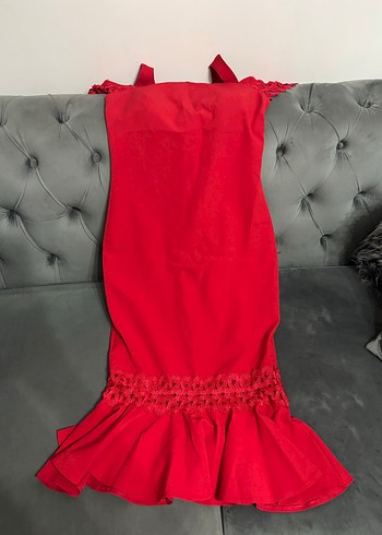 Dantelli Kırmızı Straplez Midi Elbise - Görsel 2