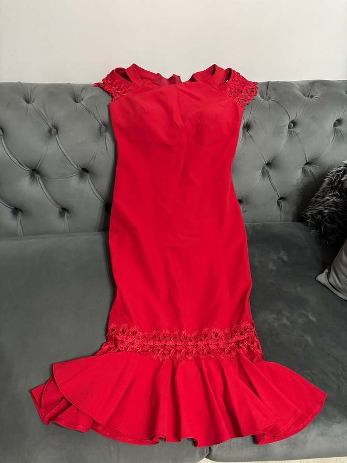 Dantelli Kırmızı Straplez Midi Elbise - Görsel 3