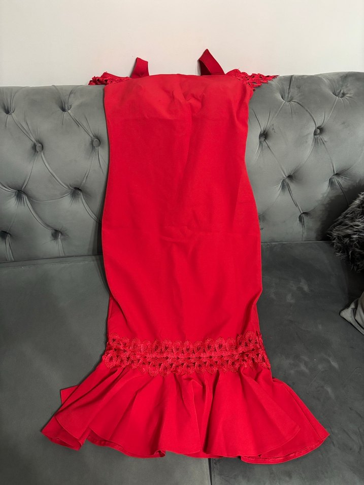 Dantelli Kırmızı Straplez Midi Elbise - Görsel 2