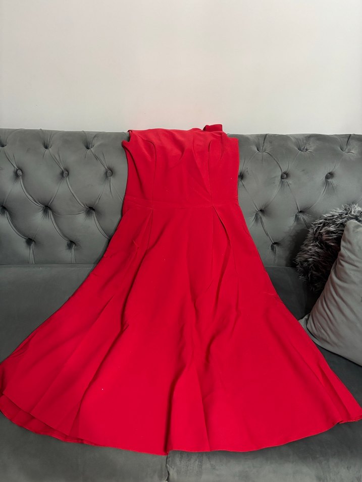 Kırmızı kare Yaka Kolsuz  özel gün Elbisesi - Görsel 2