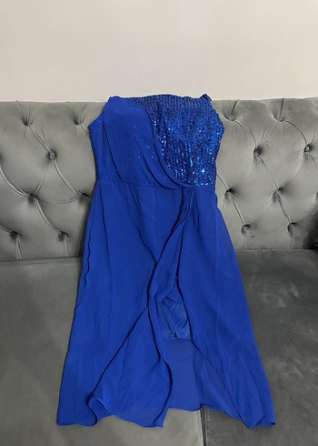 Mavi Drapeli Straplez kısa Abiye Elbise - Görsel 3