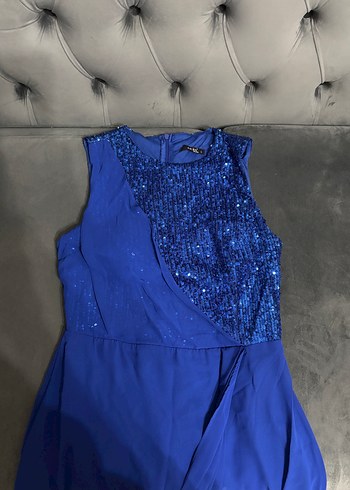 Mavi Drapeli Straplez kısa Abiye Elbise - Görsel 2