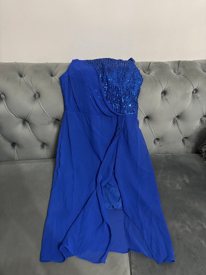 Mavi Drapeli Straplez kısa Abiye Elbise - Görsel 3