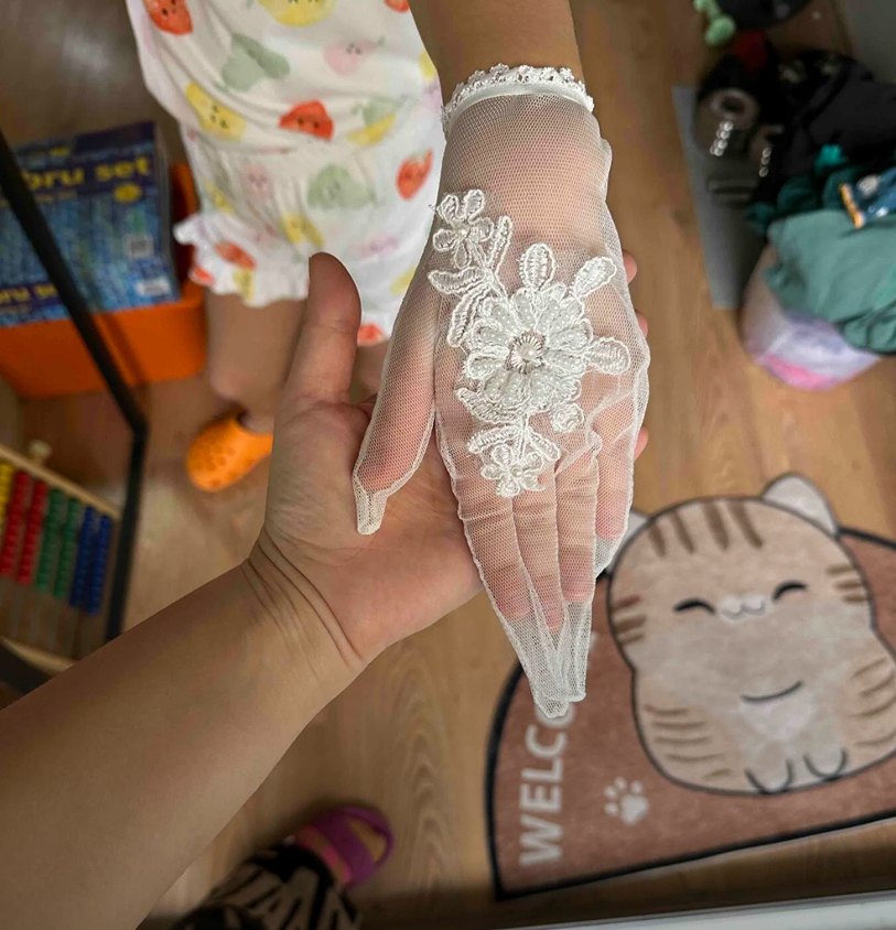 Dantel Detaylı Beyaz Vintage Kadın Eldiven - Görsel 2