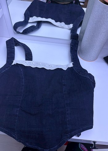 Bershka Dantel Detaylı Lacivert Denim Büstiyer