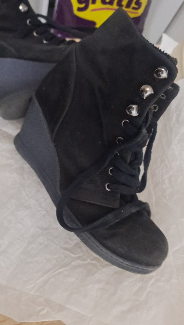 Siyah Süet Bağcıklı Dolgu Topuk Bot - Görsel 5