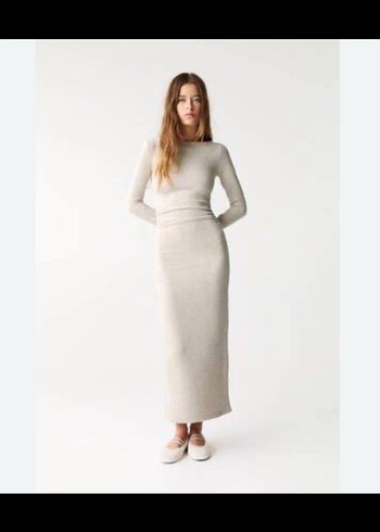 Bej Drapeli Uzun Elbise - Görsel 4