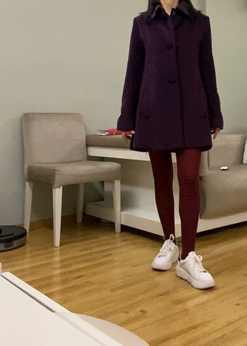 Koyu Mor Düğmeli Kadın Kaban - Görsel 19