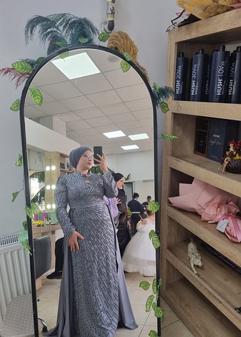 Uzun Gri Etnik Desenli Sade Notalı abiye - Görsel 3