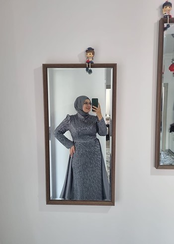 Uzun Gri Etnik Desenli Sade Notalı abiye - Görsel 4