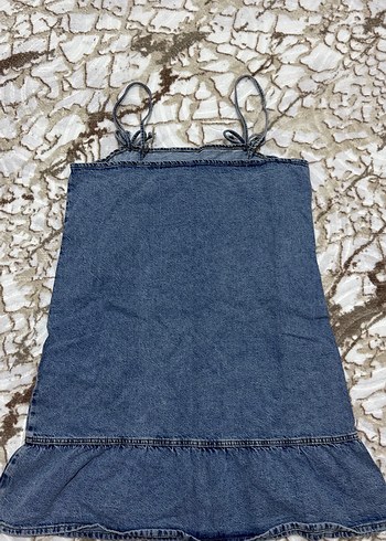 Kadın Denim Volanlı Mini Askılı Elbise - Görsel 2