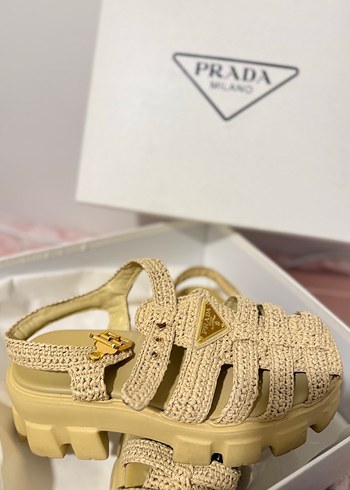 Bej Örgü Platform Topuklu Kadın Sandalet - Görsel 2