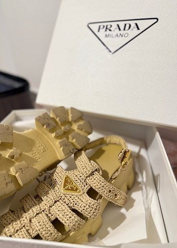 Bej Örgü Platform Topuklu Kadın Sandalet - Görsel 3