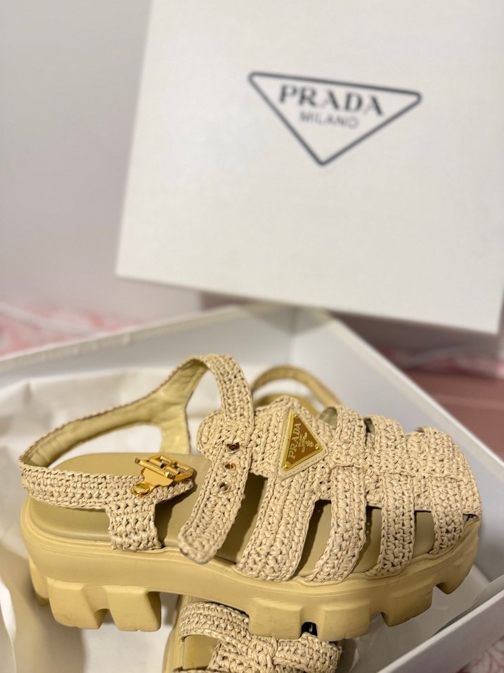 Bej Örgü Platform Topuklu Kadın Sandalet - Görsel 2