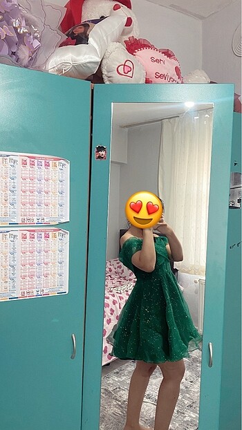 Diğer Kısa kabarık zümrüt yeşili tül elbise