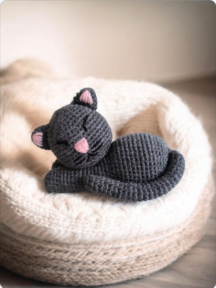 Gri Örgü Amigurumi Kedi Oyuncak - Görsel 2