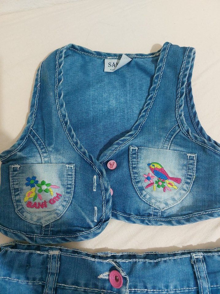 Nakışlı Kot Kız Yelek ve Etek Takımı - Görsel 5