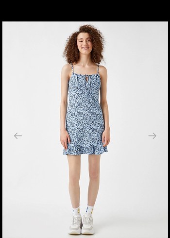 Mavi Askılı Çiçek Desenli Mini Elbise - Görsel 3