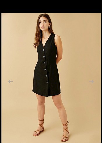 V yaka düğme detaylı kolsuz mini elbise keten karışımlı koton - Görsel 2