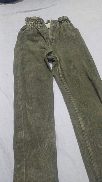 Bayan beli lastikli yesil kot pantolon yumusak