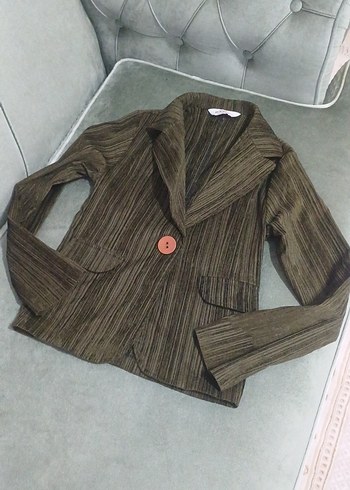 Düğmeli Kahverengi Keten Kadın Blazer - Görsel 2