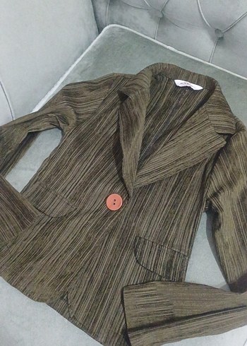 Düğmeli Kahverengi Keten Kadın Blazer - Görsel 4