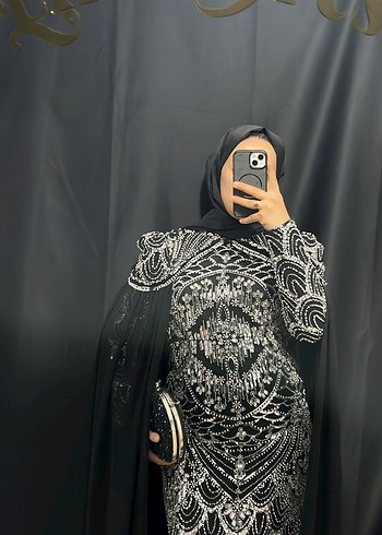 Desenli Siyah Uzun Kollu Uzun Abiye - Görsel 2