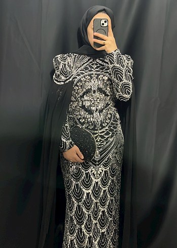 Desenli Siyah Uzun Kollu Uzun Abiye - Görsel 5