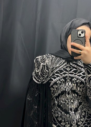 Desenli Siyah Uzun Kollu Uzun Abiye - Görsel 3