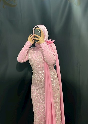 Pembe Uzun Kollu Drapeli Abiye Elbise - Görsel 3