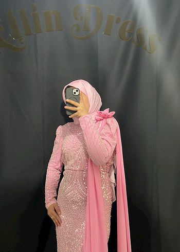 Pembe Uzun Kollu Drapeli Abiye Elbise - Görsel 5