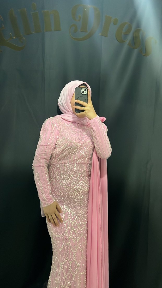 Pembe Uzun Kollu Drapeli Abiye Elbise - Görsel 4