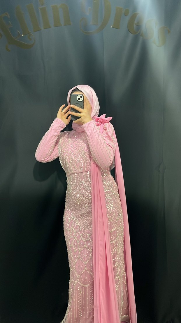 Pembe Uzun Kollu Drapeli Abiye Elbise - Görsel 3