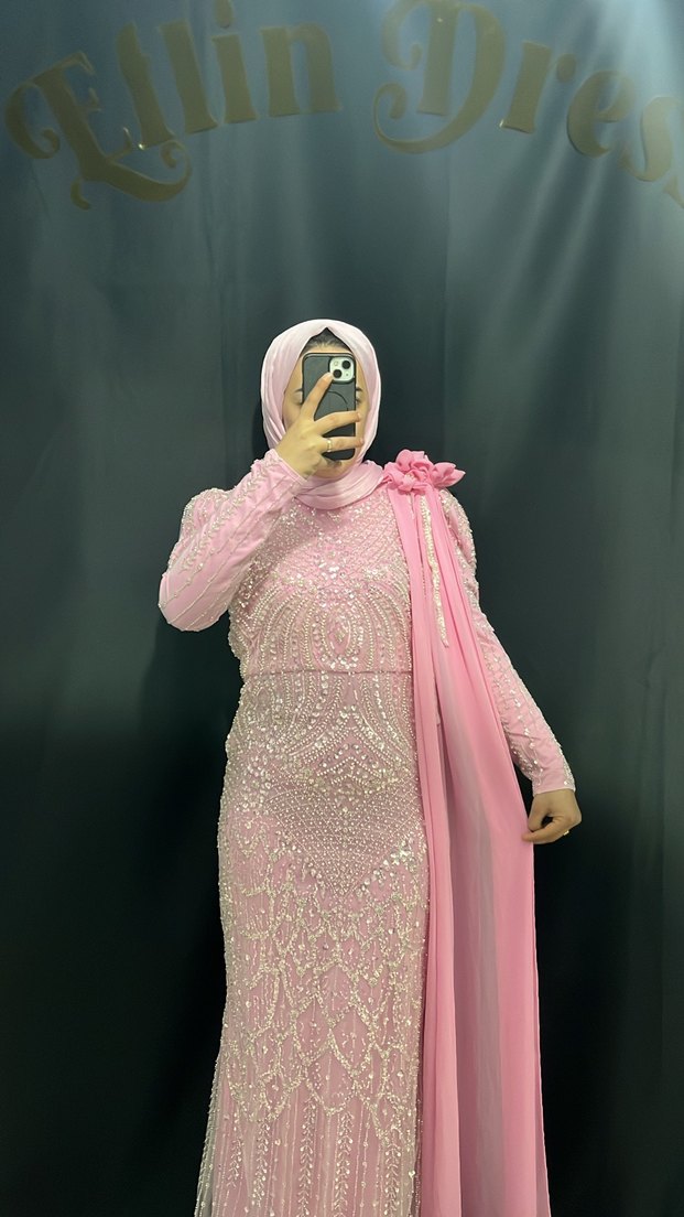 Pembe Uzun Kollu Drapeli Abiye Elbise - Görsel 2