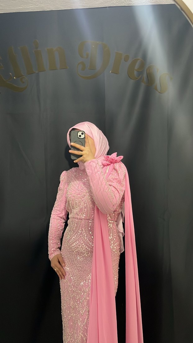 Pembe Uzun Kollu Drapeli Abiye Elbise - Görsel 5