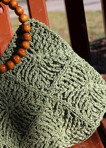 Ahşap Saplı Örgü Bohem Kadın Çanta - Görsel 3