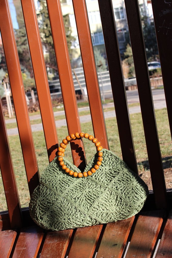 Ahşap Saplı Örgü Bohem Kadın Çanta - Görsel 4