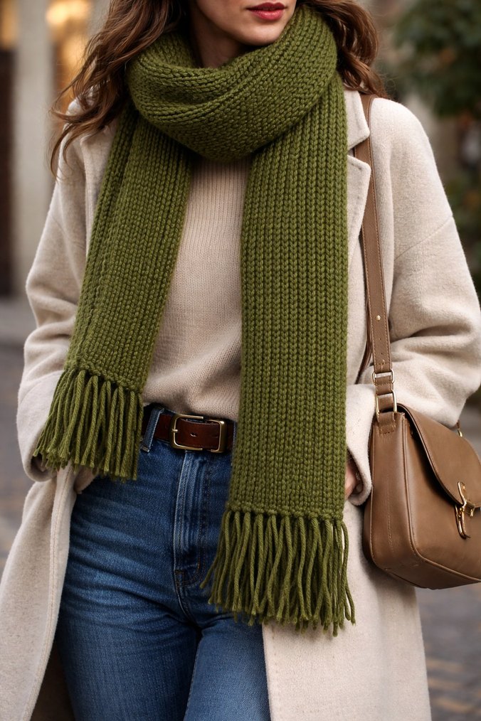 unisex Örgü Haki Şal - Görsel 2