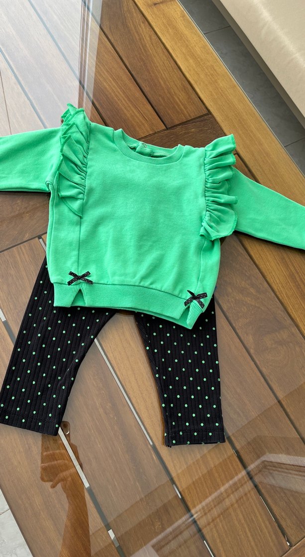 Uzun Kollu Fırfırlı Yeşil Bebek Kız Takım - Görsel 2