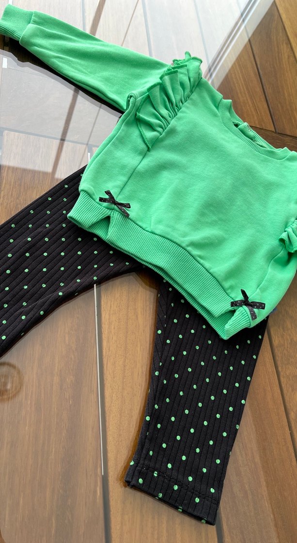 Uzun Kollu Fırfırlı Yeşil Bebek Kız Takım - Görsel 3
