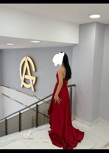 Kırmızı Drapeli Uzun Abiye Elbise