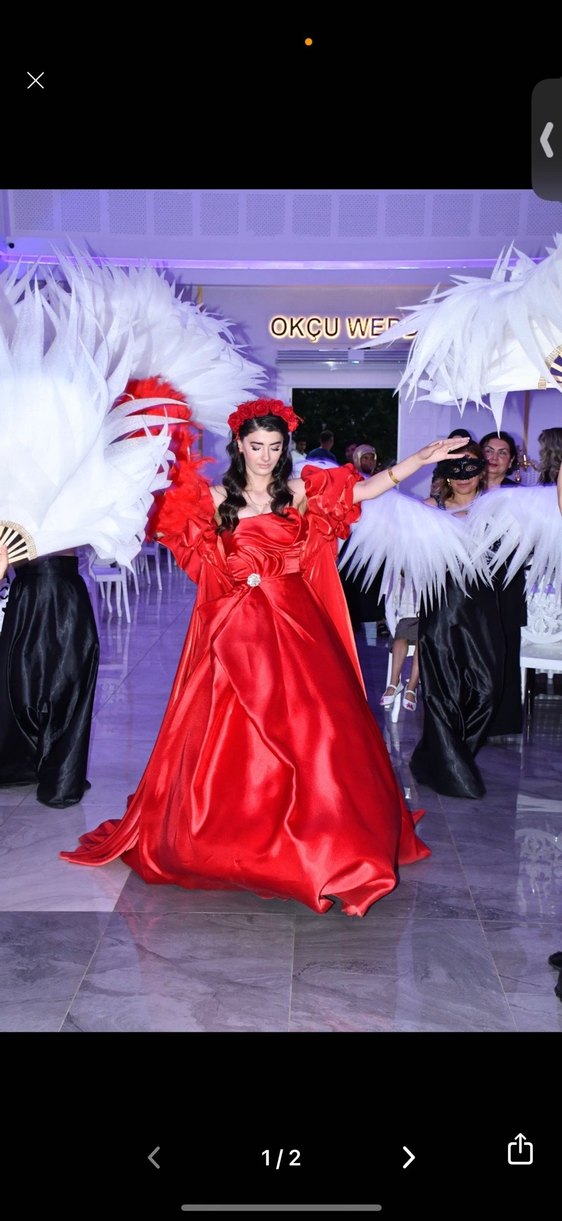 Kırmızı Uzun Drapeli Kadın koma  Abiye Elbise - Görsel 4