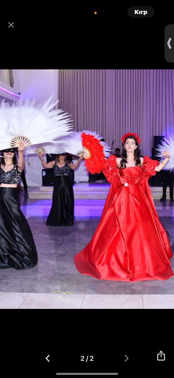 Kırmızı Uzun Drapeli Kadın koma  Abiye Elbise - Görsel 3